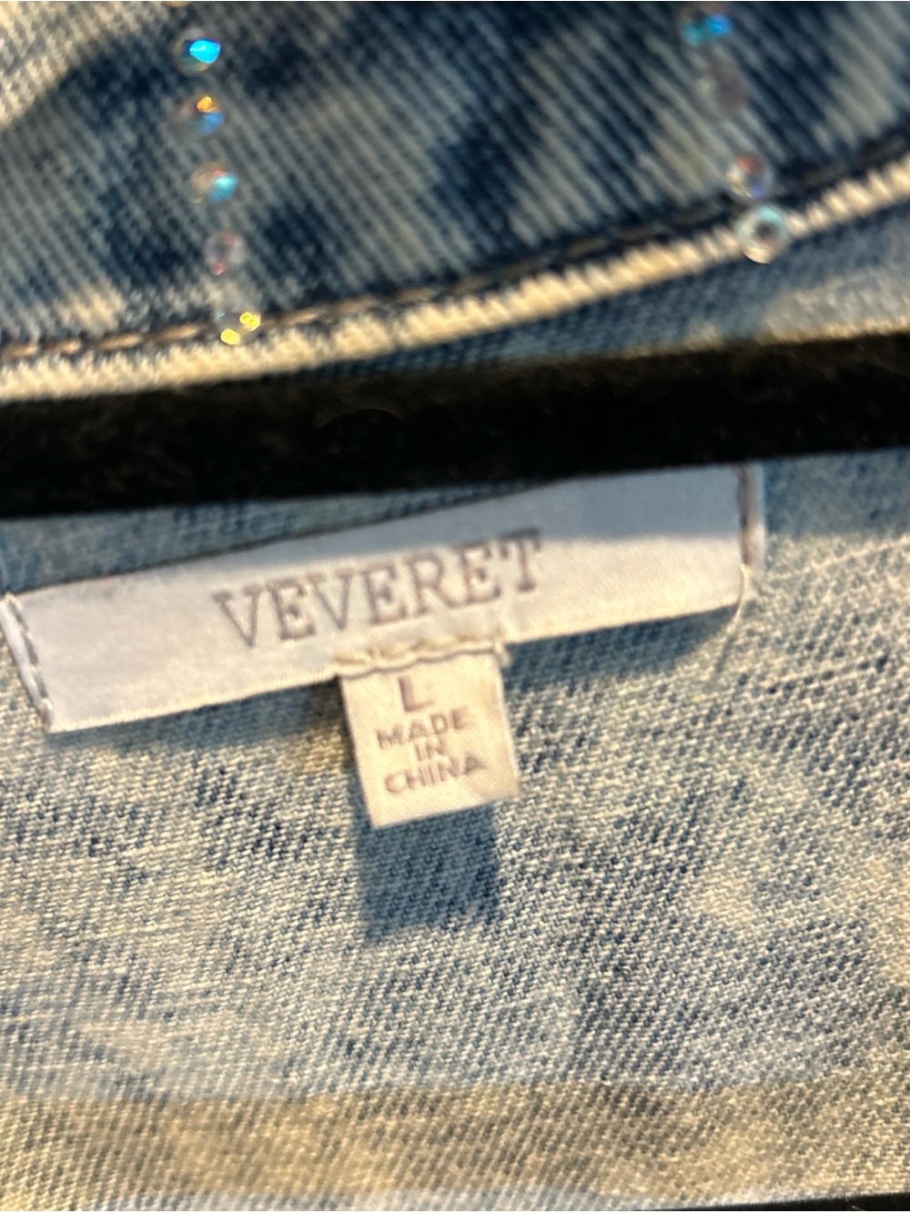 Veveret Acid Wash Rhinestone Denim Jacket Womens Large Blue Cropped Raw Hem - Picture 4 of 11